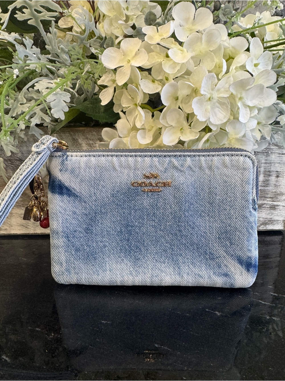 Coach Loved Denim Corner Zip Wristlet with Cherry 🍒 Charm NWT